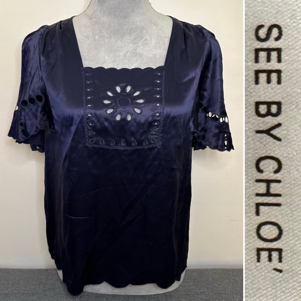 See By Chloe Silk Navy Blue Flutter Sleeve Blouse- 8